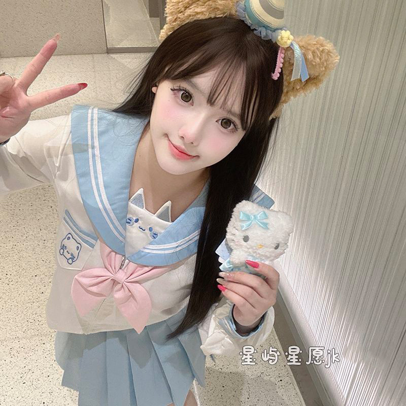 Japanese Cute Sweet Jk Uniform Sailor Suit Female Kindergarten Japanese College Style Sweet Short-Sleeve Embroidered Skirt Set