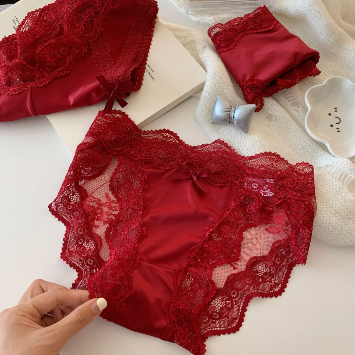 Red Silk Fantasy~Sexy Year of the Snake Satin Lace Panties Women's Low Waist Pure Desire Zodiac Year Red Wedding Briefs