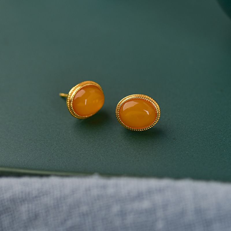 Natural Old Beeswax Sterling Silver Earrings [Twilight Breeze] Retro Style Accessible Luxury Amber Oval Niche Earrings for Women Original