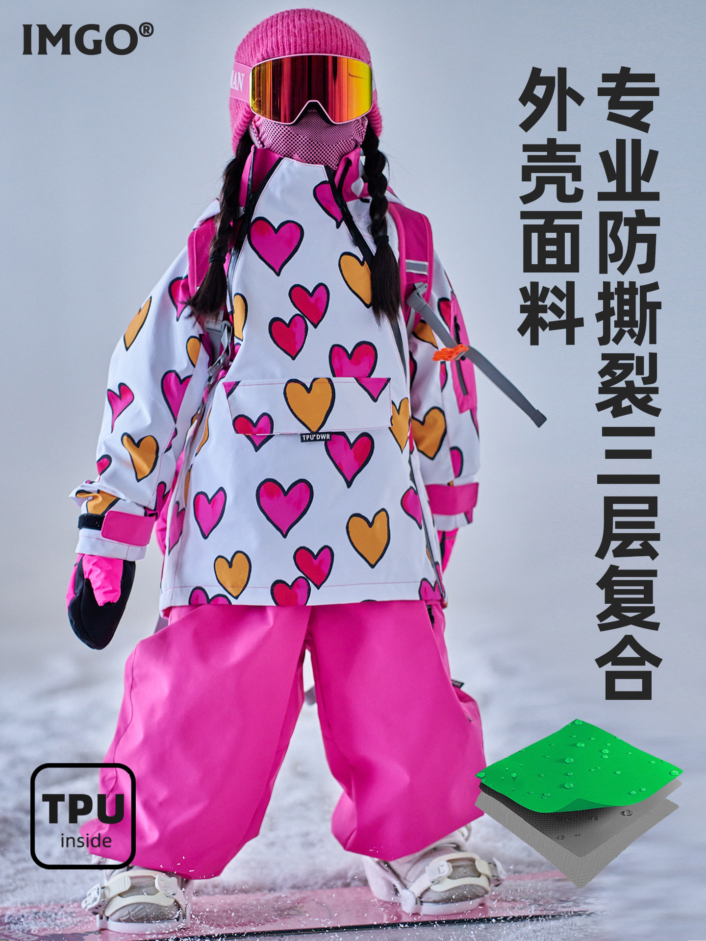 [Snow Sweetheart Double Zipper Snow Suit] Imgo Children's 3L Ski Suit Girls' Cotton Thickened Waterproof and Breathable Suit