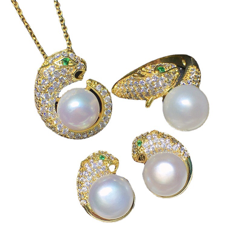 Freshwater Pearl Inlay Set Women's Summer Korean Style Jewelry Lucky Leopard Head Three-piece Set Fashionable Simple All-match 162