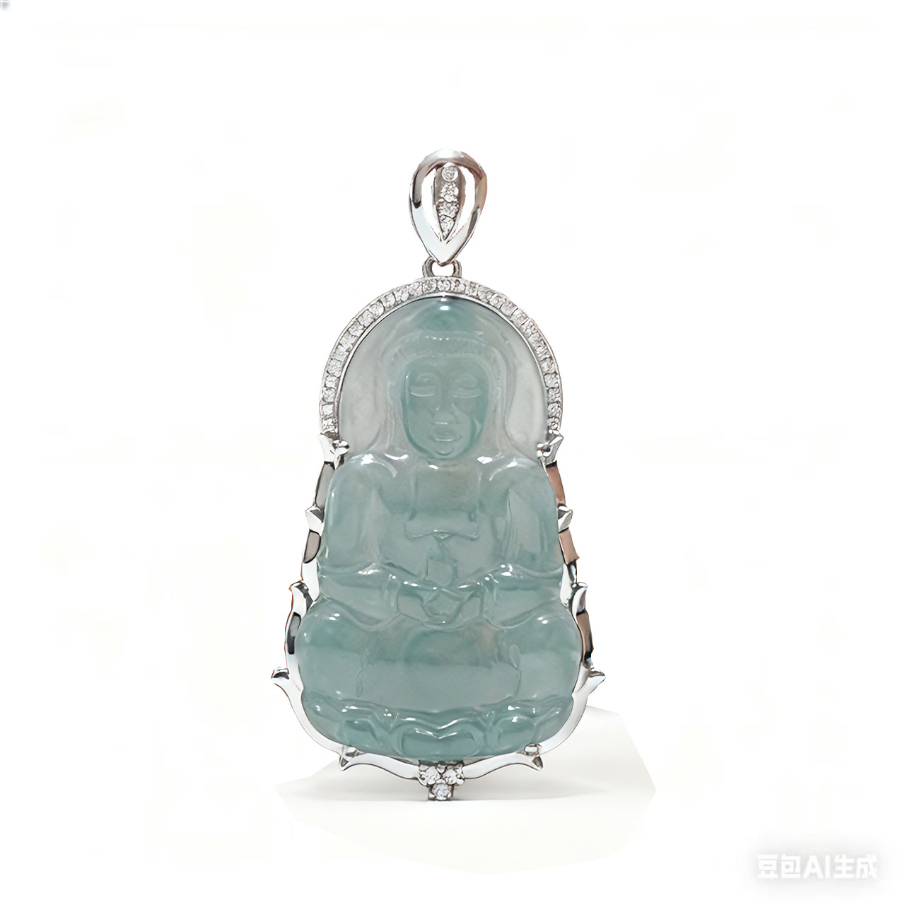 Platinum Pt950 Cultivated Diamond Jade Guanyin Inlaid Full Diamond Pendant