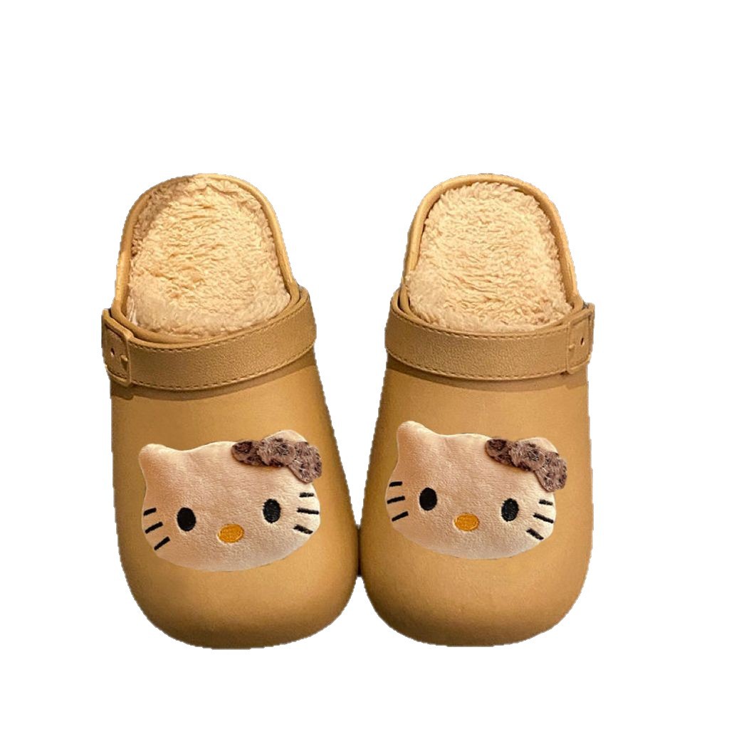 Cute Kt Cat Cotton Slippers for Women Winter 2025 New Velvet Warm Anti-Slip Waterproof Indoor and Outdoor Toe-Cap Slippers