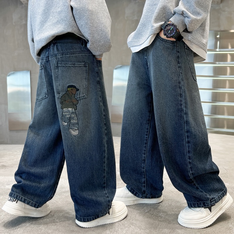 Boys' Jeans Spring and Autumn Straight Pants Children's Pants for Older Kids Loose Casual Wide-Leg Pants Dad Pants