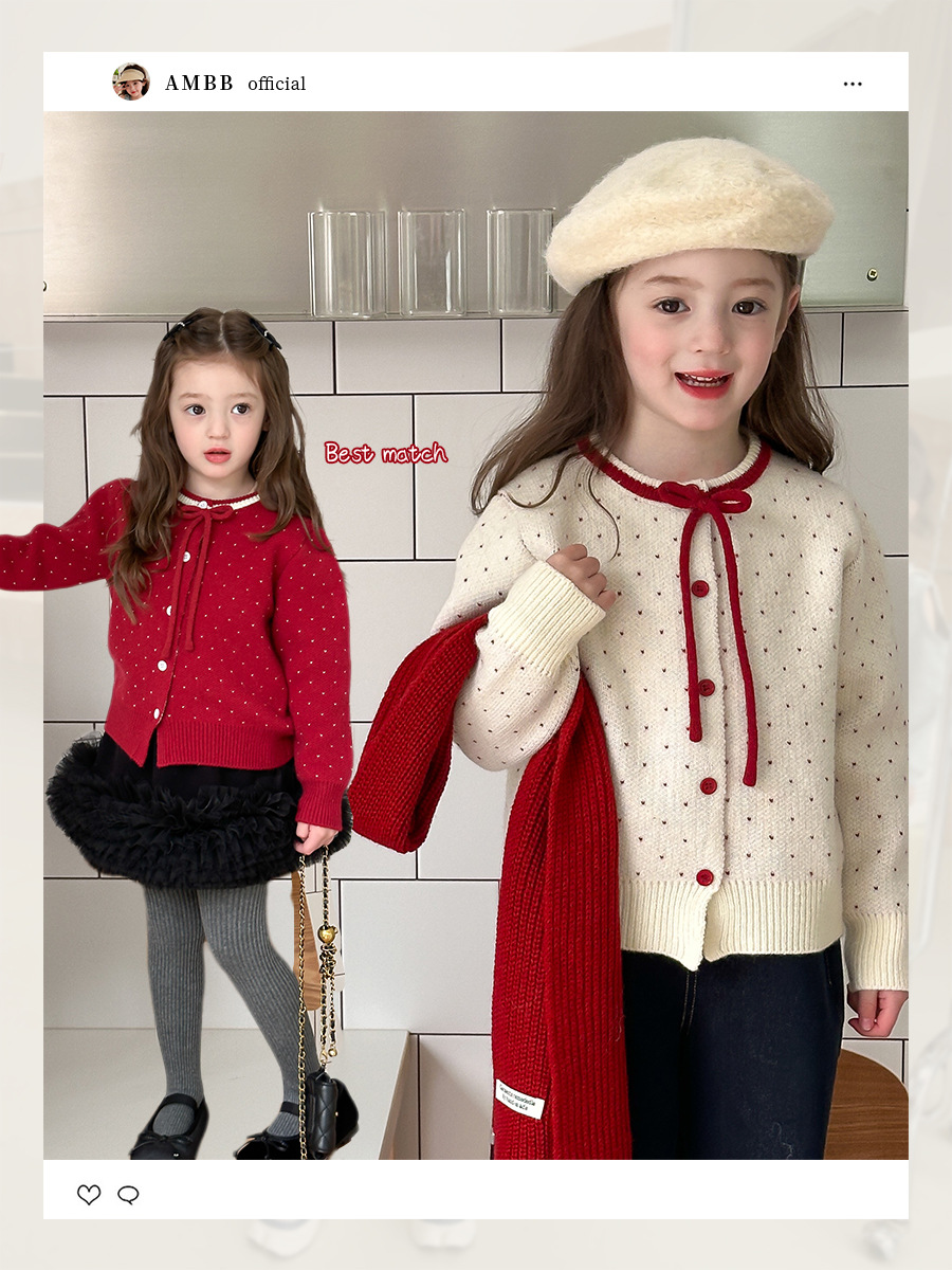 Christmas and New Year Style ~ Korean Style Sweet Polka Dot Bow Cashmere Knitted Cardigan Sweater Jacket for Baby Girls