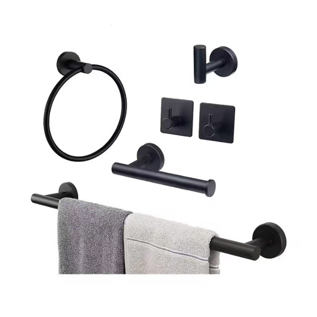 Cross-Border Stainless Steel Five-Piece Bathroom Towel Bar Towel Rack Toilet Paper Holder Toilet Bathroom Punch-Free Hook Clothes