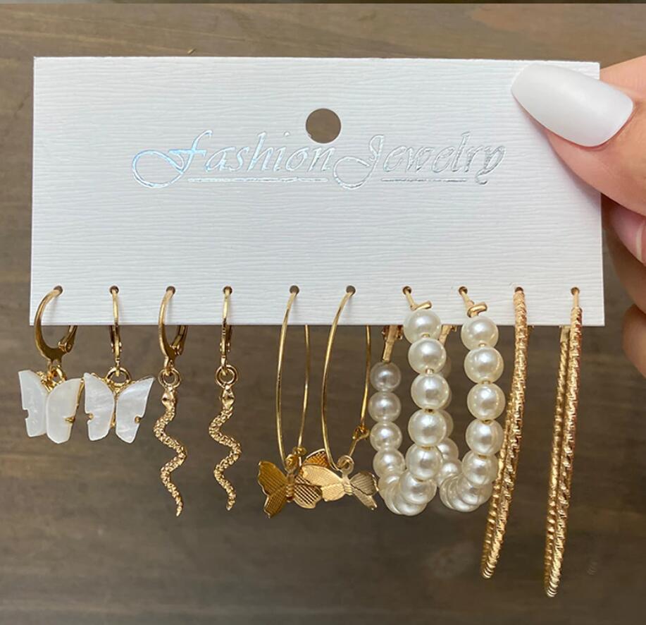 European and American style metal earrings square geometric earrings vintage pearl earrings Hepburn style earrings suit 6-piece set