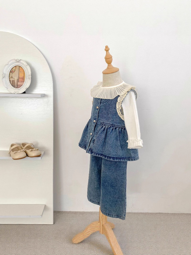 Children's Suit New Autum Korean Style Girls' Fashionable Long-Sleeved Denim Vest Skirt Casual Pants Two-Piece Set