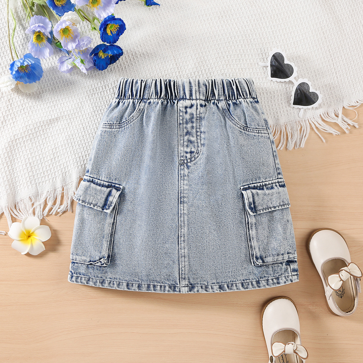 Повседневный модный наряд для девочек с боковыми карманами, джинсовая юбка, летний стиль