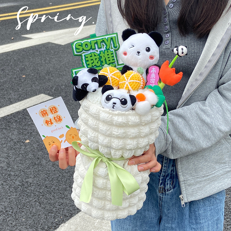 "Panda Plush Toy with Creative Weaving Fruit Blessing Bouquet for Graduation and College Entrance Exam Encouragement"