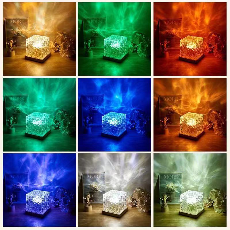 Square water ripple atmosphere lamp nightlight creative girl gift bedside bedroom flame aurora dynamic table lamp