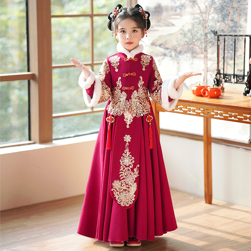 Girls' Hanfu Chinese Style Children's Ancient Costsize Winter fleece-lined Tang Suit Ancient Style dress New New Year's Service for Little Girls