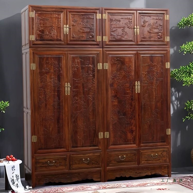 Шкаф в китайском стиле с резьбой, большой шкаф для спальни, шкаф из массива дерева, комбинированная мебель, 4-дверный собранный шкаф, шкаф для хранения, золотой розовood