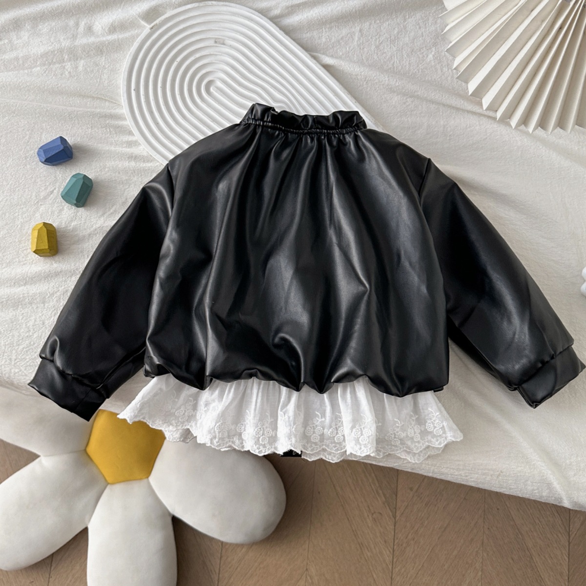 6762 New Korean Children's Clothing Girls' Outwears Autumn New Baby Girl Forest Lace Splicing Leather Jacket