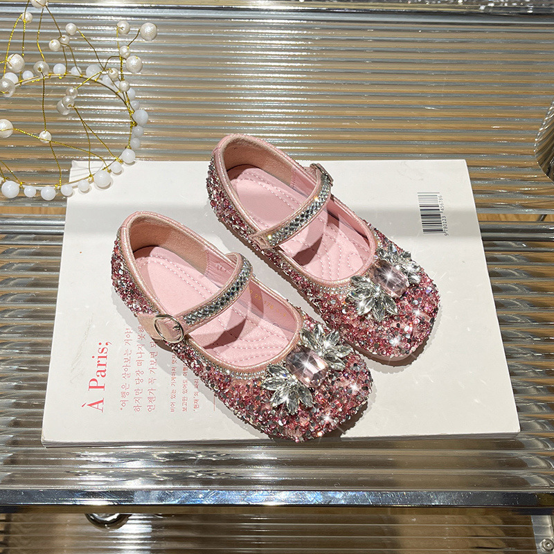 Girls Princess Shoes 2025 Spring and Autumn New Rhinestone Shiny Elsa Catwalk Shoes Non-Slip Soft Sole Girls' Peas Shoes