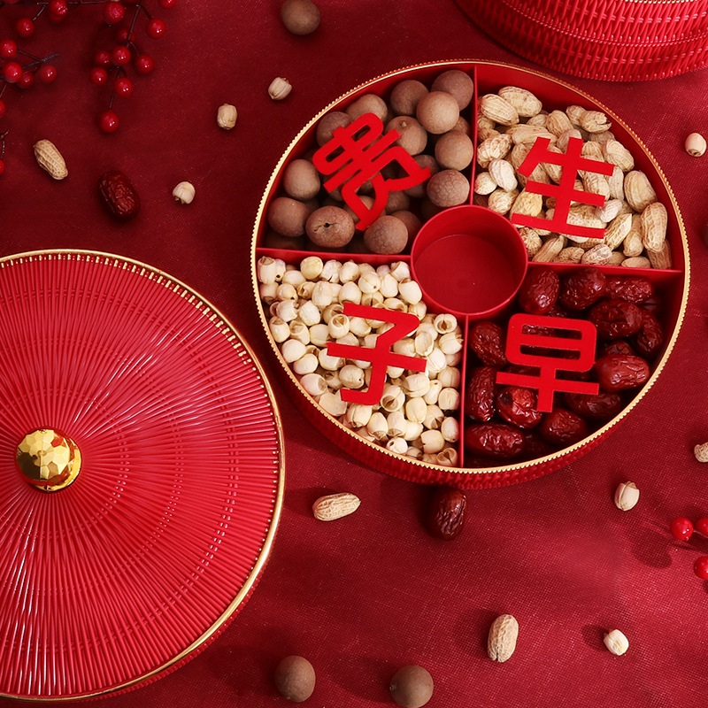 Four-compartment Festive Fruit Box with Lid Early Childbirth Wedding Pressbed Ornaments Wedding Dried Fruit Tray Tea Table Dried Fruit Storage Box
