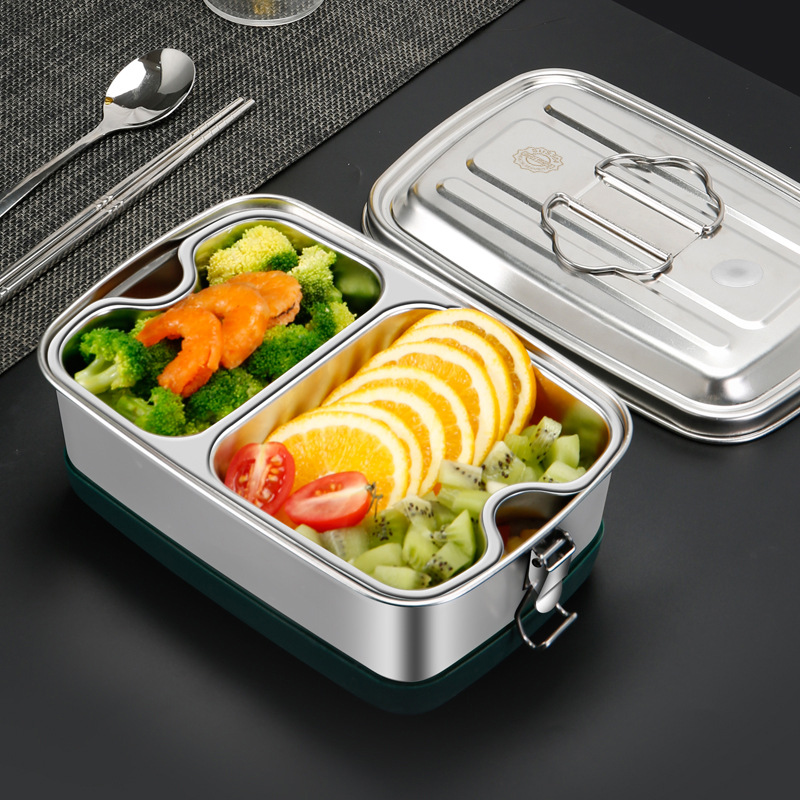 Lunch Box Student Large Capacity 304 Stainless Steel Food Grade Rectangular Deepened Thickened Partition Work Lunch Box with Lid