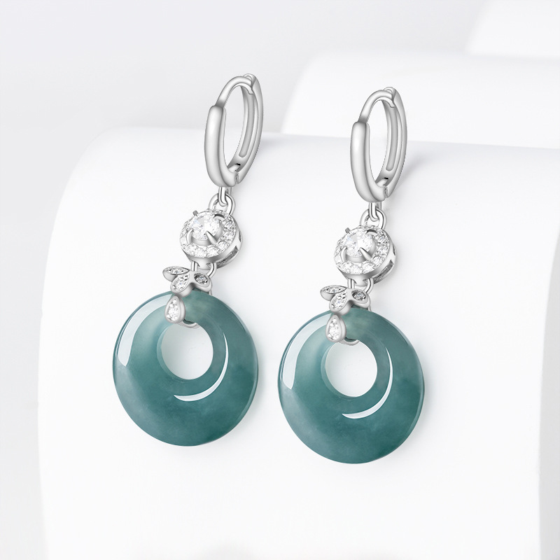 S925 Silver Inlaid Natural A Goods Jade Ring Blue Water Earrings Ice Jade Fashion Women's Earrings Earrings Earrings Ins