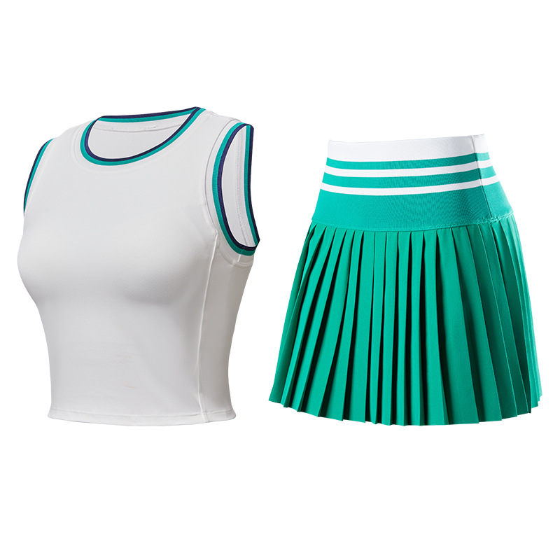 [sports suit] ladies round neck BRA vest high waist color matching breathable quick-drying pleated tennis skirt tights