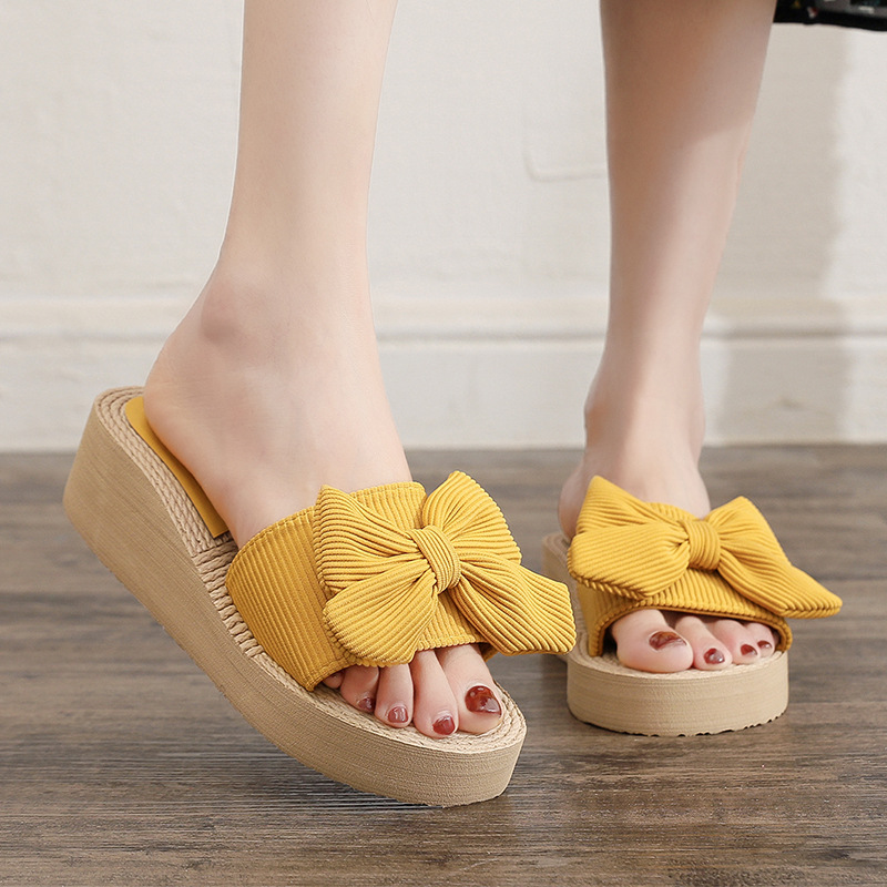 Summer new simple bowknot slippers women's outer wear wedge platform casual all-match straw beach sandals