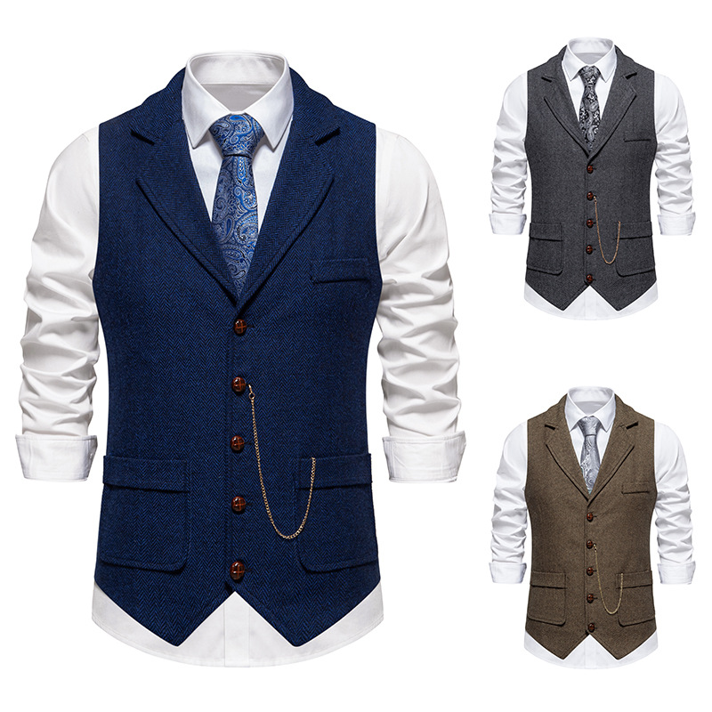 2025 Export New European Size Men's Tweed Suit Collar Vest Retro Chain Decorative Herringbone Vest Horse