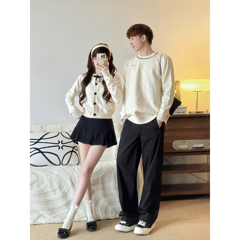 2025 Autumn New Little Fragrance Bow Wool Sweater Women's Autumn Sweet Top Couple Wear