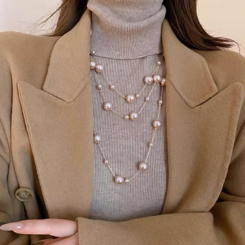 French-Style Fashion Long Pearl Necklace for Women, Elegant and Luxurious Sweater Chain, Versatile Autumn and Winter Clothing Accessory
