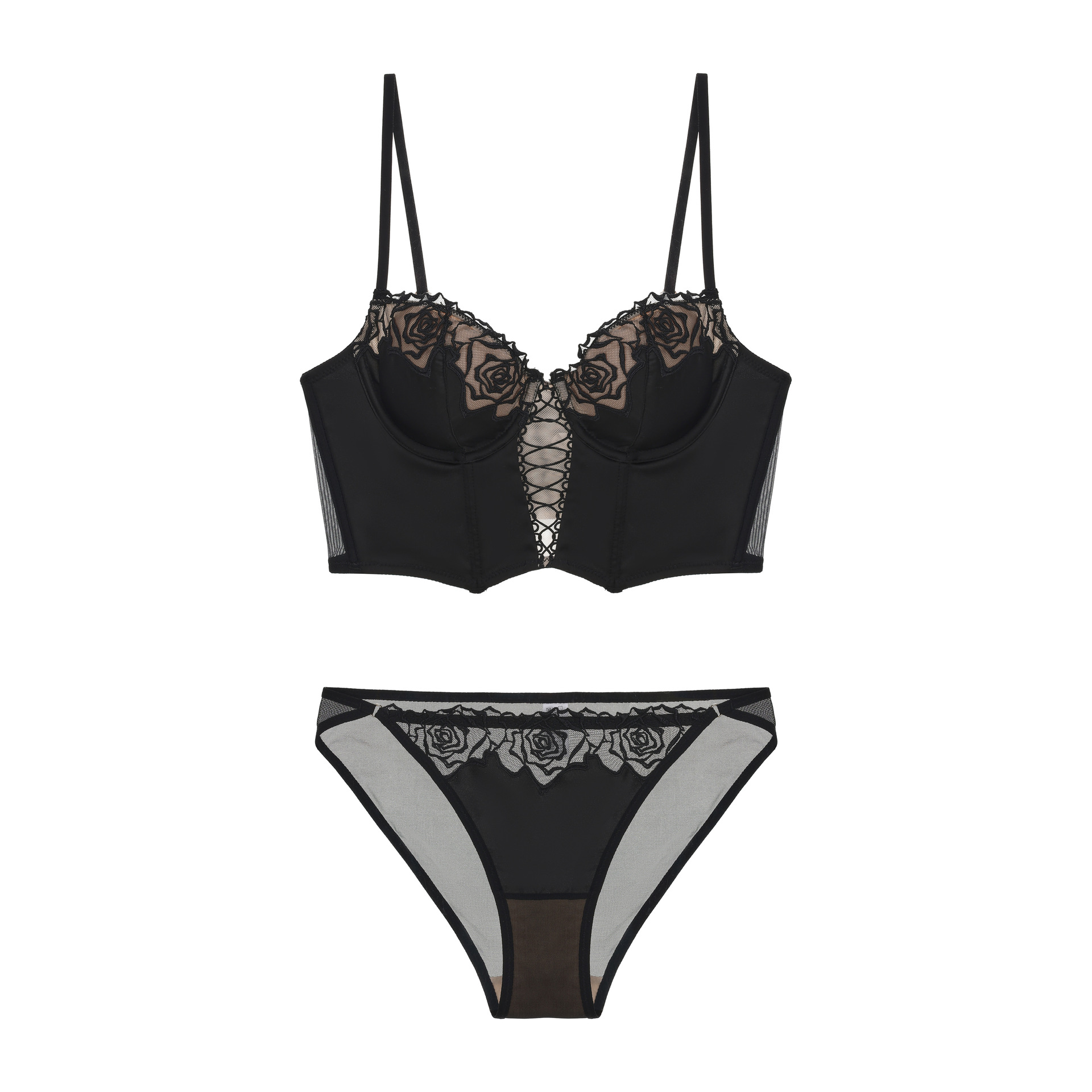 Retro Rose Fishbone Bra Vest European and American Waist Intimates Shaping Push-Up French Long Thin Bra Set for Women