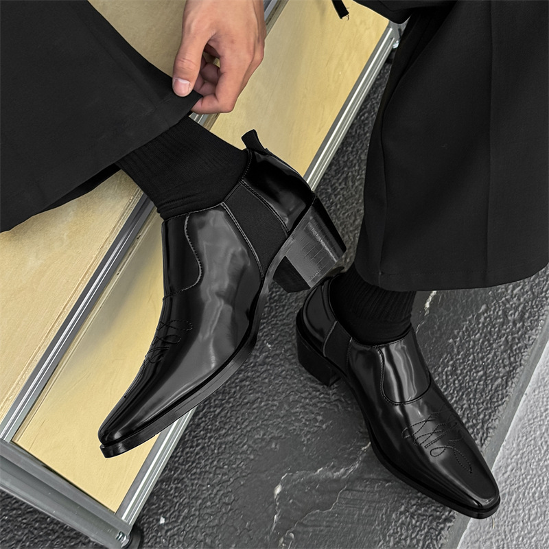 Loafers New Black Small Leather Shoes Slip-on High Heel French Skinny Boots Chelsea Boots 14848-J