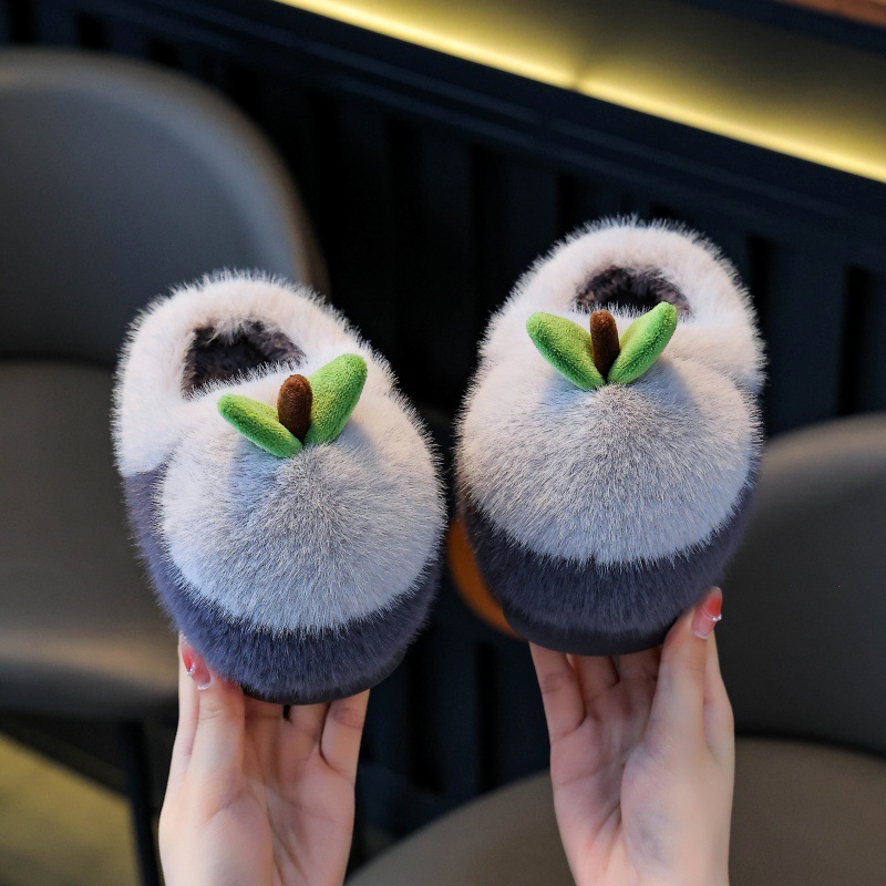 Children's Cotton Slippers Simple Apple Autumn and Winter New Style Thickeneded Home Indoor Non-Slip Korean Style Baby Cotton Shoes for Boys and Girls