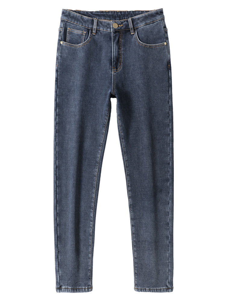 fleece-lined Thickened Winter Jeans Men's Casual Elastic Warm Slim-Fit Small Straight Tube Drain Long Pants for Men JR559