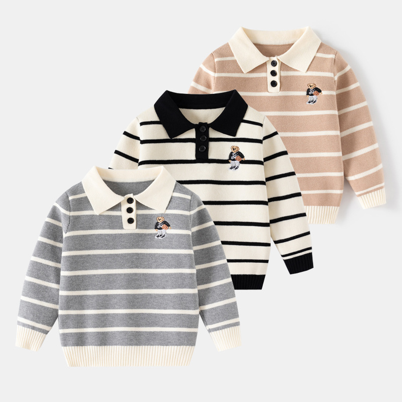 Европейский и американский стиль детской одежды свитер с жаккардовым узором для мальчиков с полосками, толстая пряжа, вышивка медведя на воротнике