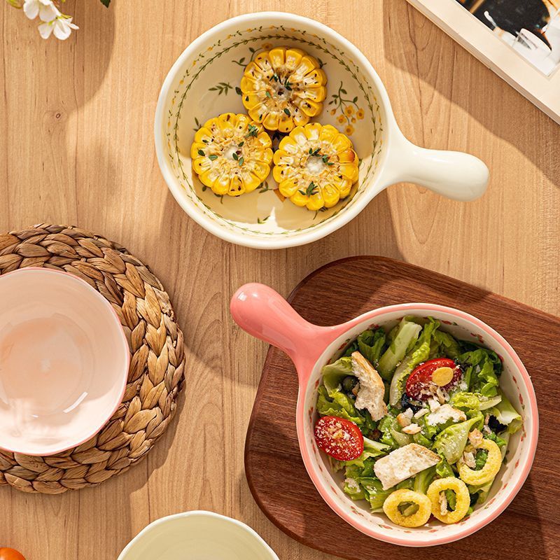 High-Looking Handle Bowl, Ceramic Baking Bowl, Particularly Beautiful Rice Bowl, Household Fruit Salad Bowl, Underglaze Color Instant Noodle Bowl