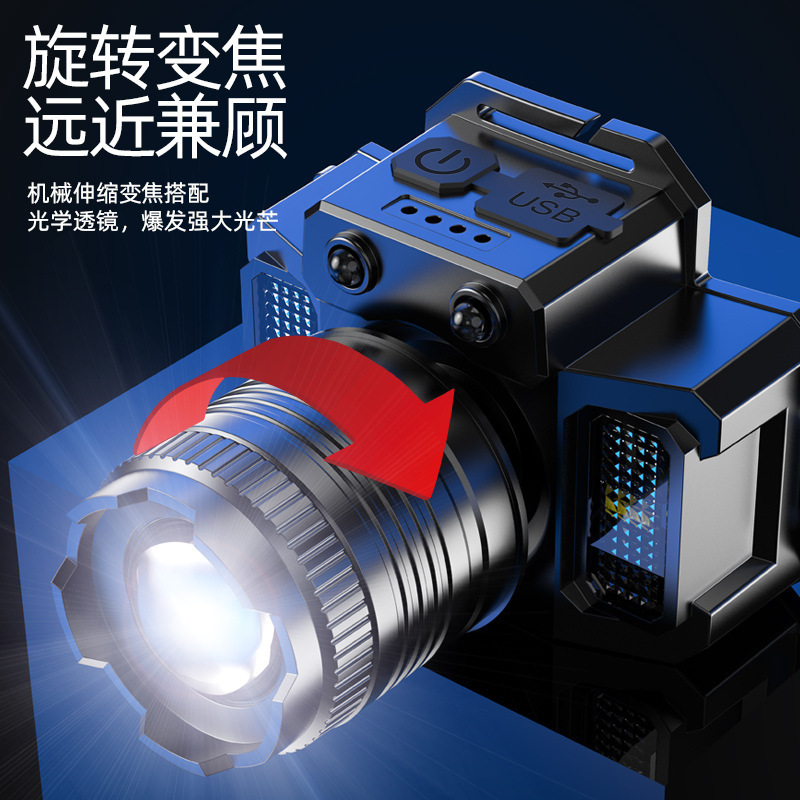 Strong light long-shot headlight cross-border new telescopic zoom induction headlight COB warning side light outdoor fishing light