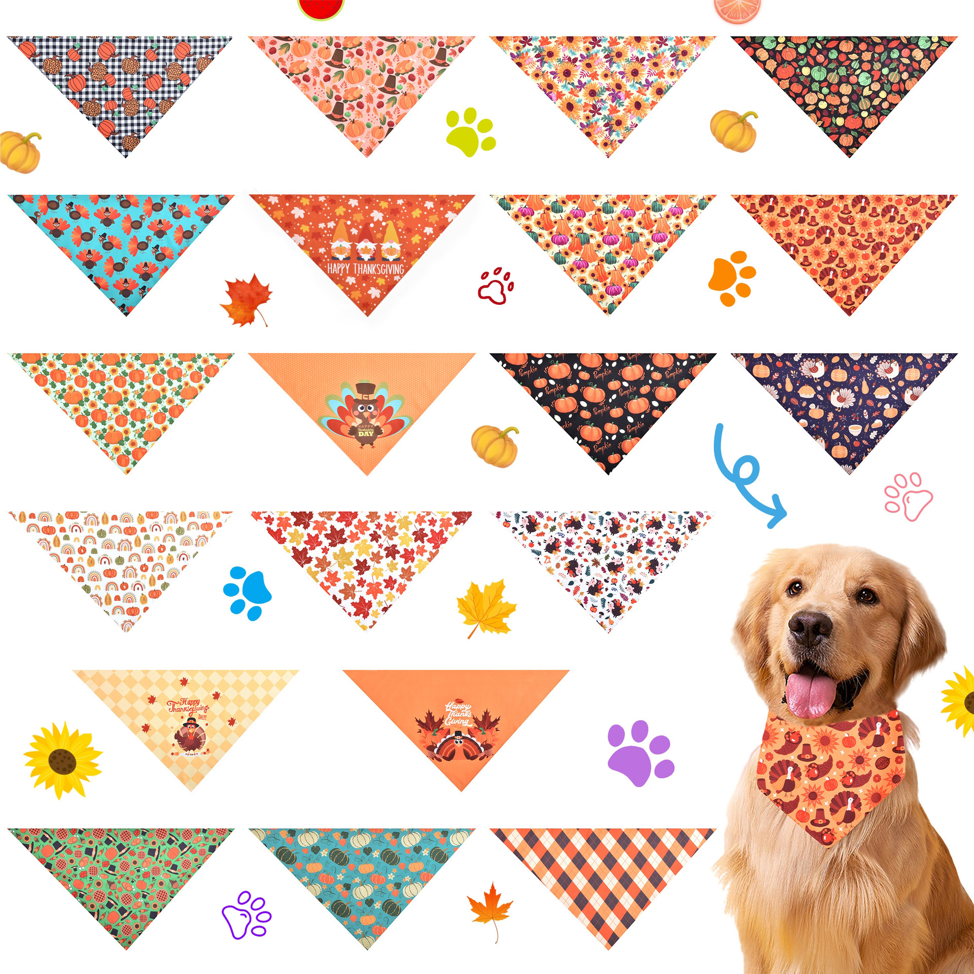 Pet Dog Saliva Towel Thanksgiving Triangle Towel Cat and Dog Universal Decorative Maple Leaf Pumpkin Saliva Towel Wholesale