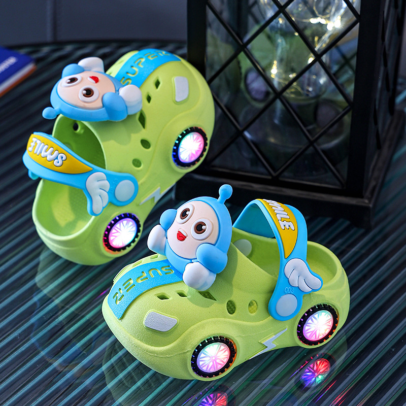 Children's Slippers Summer Baby Girl Car Shiny Light Indoor Soft-Soled Non-Slip Slippers Boy's Egg Hole Shoes