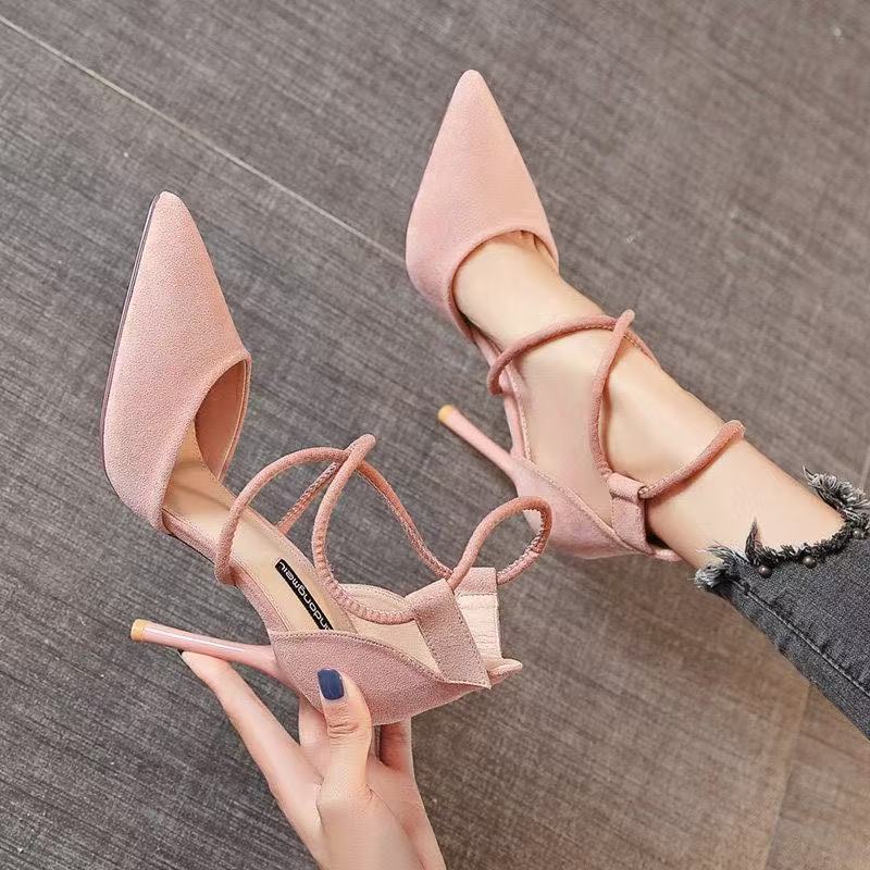 Sexy Pointed-Toe High-Heeled Shoes for Women 2025 Spring New Elegant Cross-Strap Flats Suede Stiletto Heels for Women