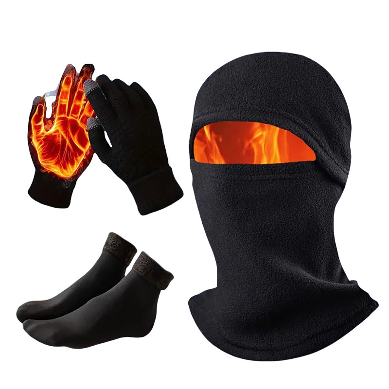 Winter Integrated Cycling Mask, Ski Hat, Neck Warmer, Fleece Warm Headgear, Three-Piece Set, Street Style Gloves
