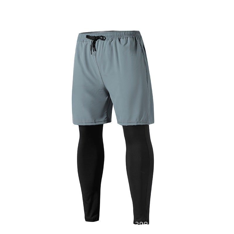 Fake Two-Piece Sports Men's Elastic Tight Running Fitness Pants Training Quick-Drying Double-Layer Basketball Pants Trendy Ins