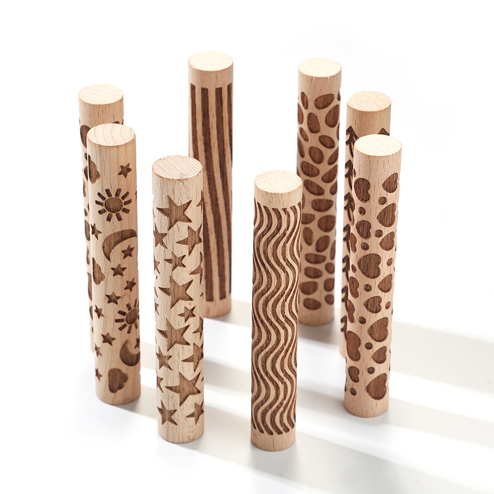 New Beech Wood Embossed Rolling Pin Laser Engraving Pattern Printing Clay Tool Rolling Stick Clay Stick Printing