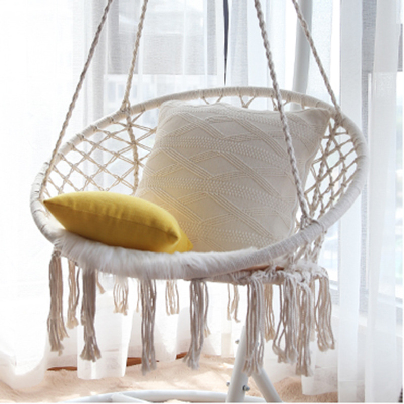 Nordic style indoor hanging chair cotton rope woven ins hanging basket tassel swing outdoor Net red lazy bed factory outlet