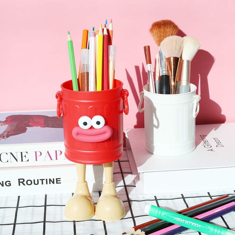 Plastic Pen Holder Ins Cute Funny Creative American Retro Small Bucket Desktop Office Stationery Student Makeup Brush