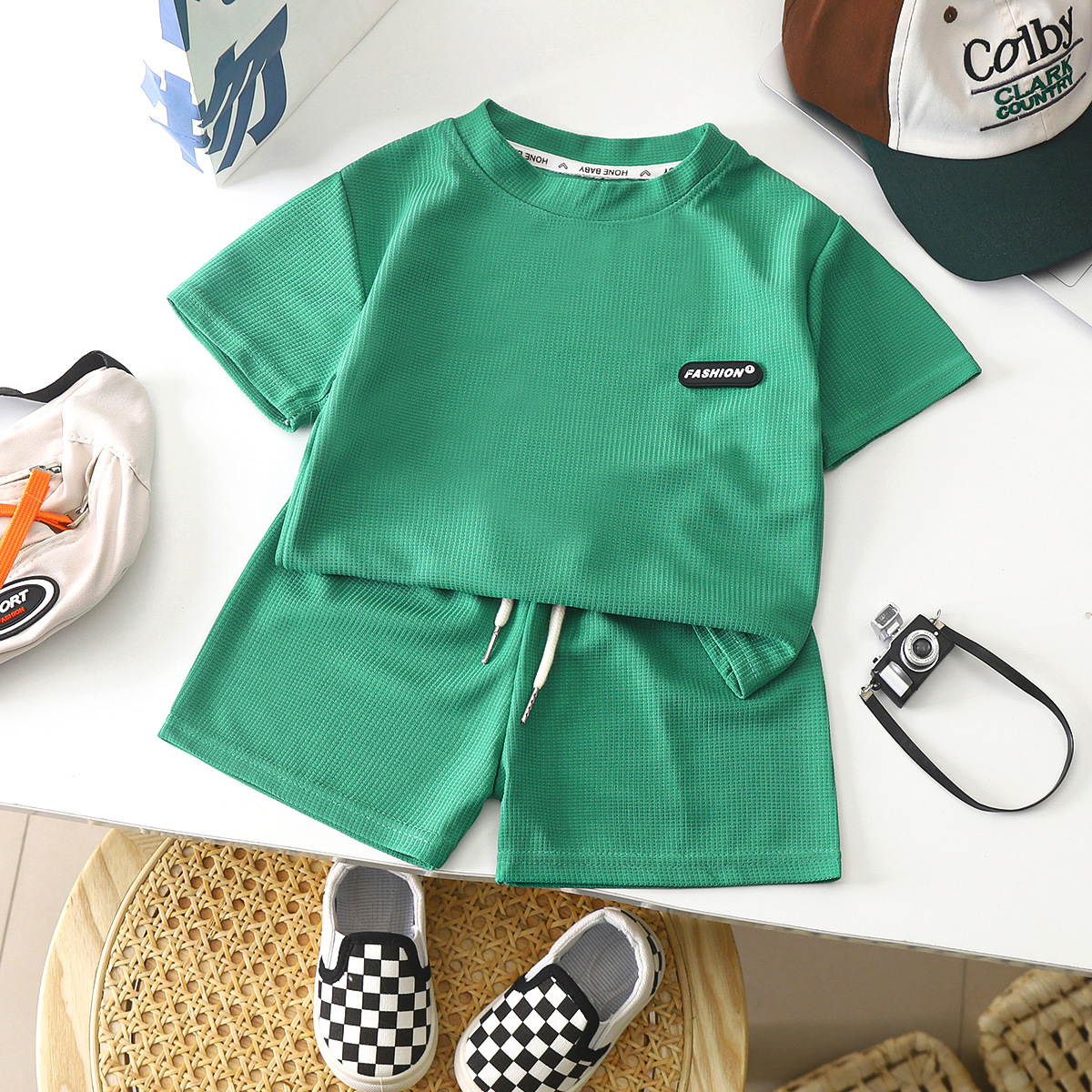 New children's clothing summer children's casual suit loose clothes boys short sleeve waffle baby Summer Wholesale