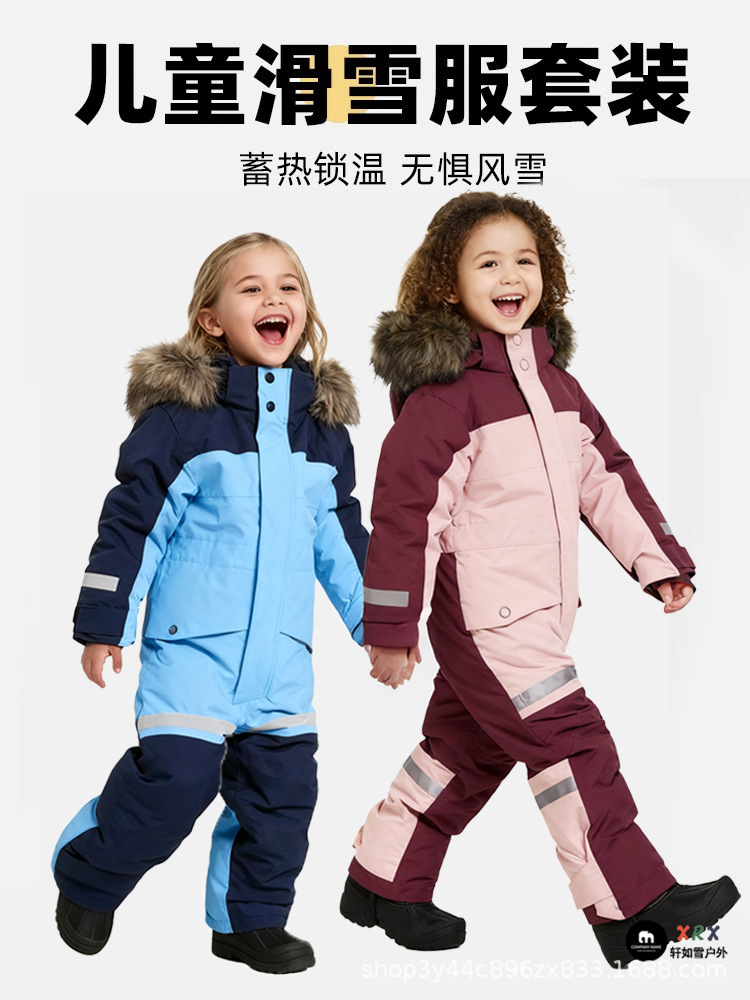 New Products in Stock, Factory Direct Sales, Foreign Trade Cross-Border Outdoor One-Piece Ski Suits, Waterproof, Velvet, Thickened and Warm for Boys and Girls