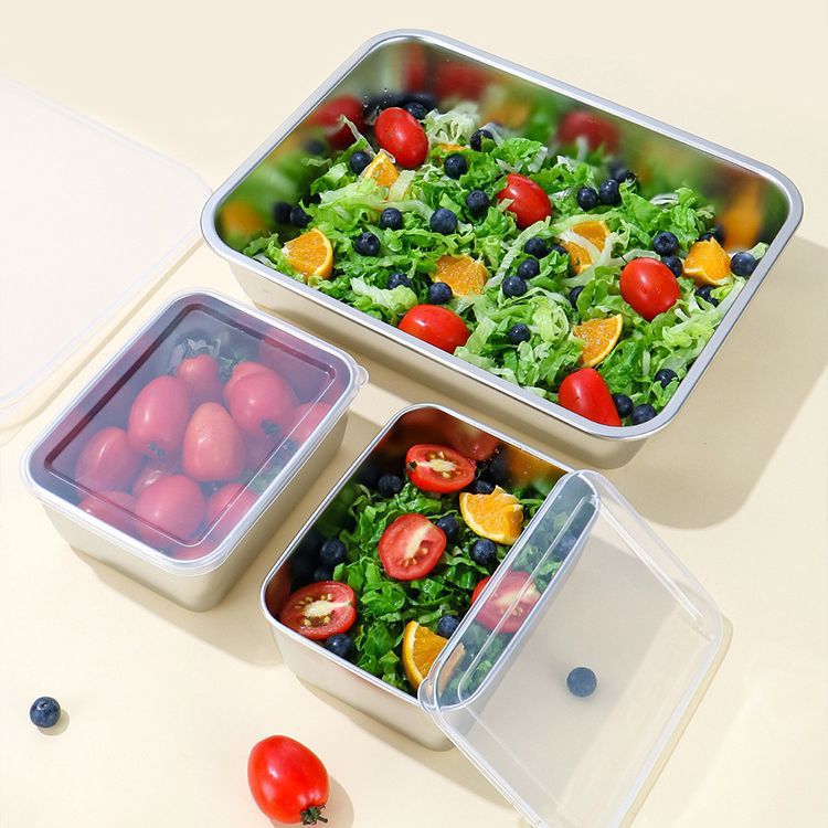 Stainless Steel Crisper Box Square with Lid Rectangular Barbecue Plate Lunch Box Stainless Steel Lunch Box Refrigerator Hot Pot Vegetable Preparation Basin