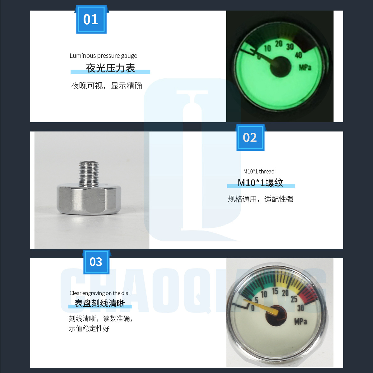 5-40mpa m10 * 1 thread high pressure small pressure gauge luminous color monochrome diving breathing cylinder CO2 small meter