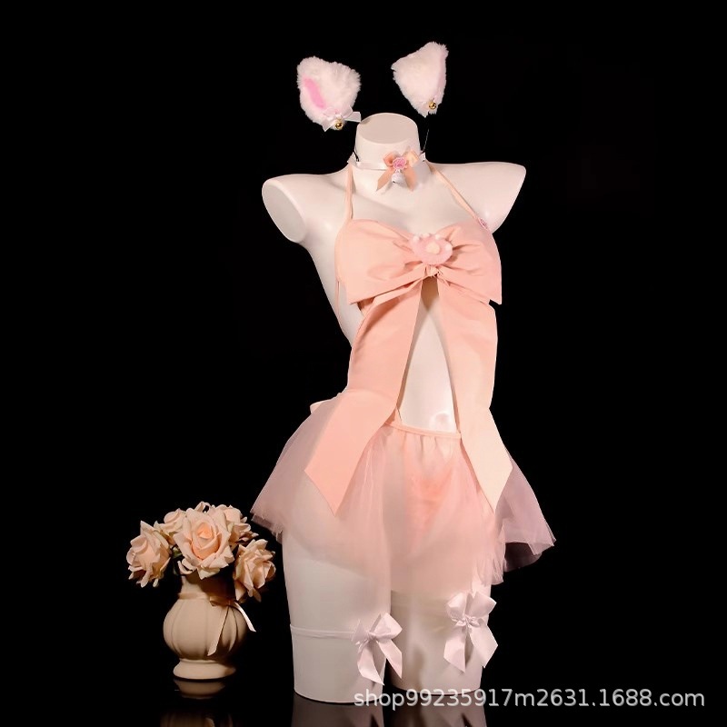 Pink and Cute Big Bow Three-Point Pure Lust Temptation Splicing Mesh See-Through No-Take-Off Suit Sexy Underwear