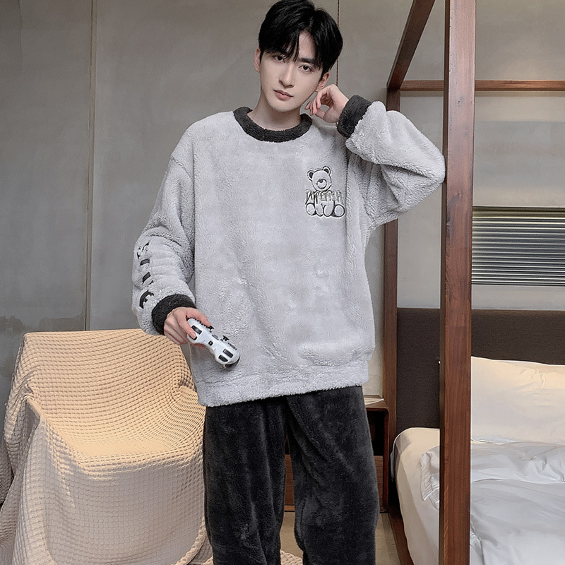 Winter Pajamas Boys Thickened Coral Fleece New Winter Home Clothes plus size Casual Youth Warm Two-piece Set