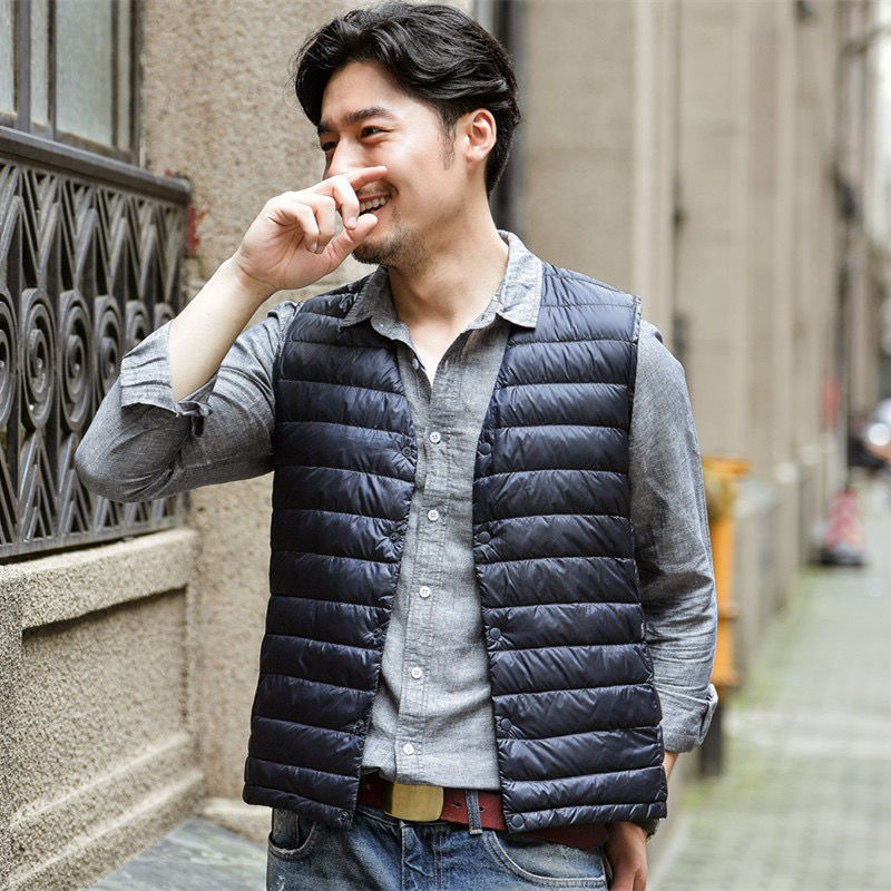 Clearance Sale of Discontinued Colors: Lightweight down Vest for Men, Collarless V-Neck, Short Style, 90% White Duck down