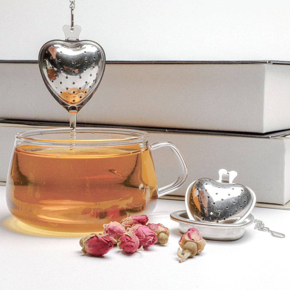 in stock stainless steel 304 heart-shaped tea filter tea compartment modern simple chain love tea drain tea filter bubble tea ball